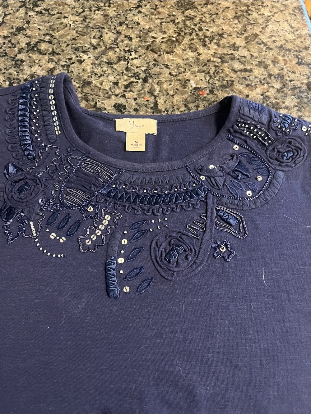 Yvos Y2K Navy Embroidered Scoop Neck Women’s Top M